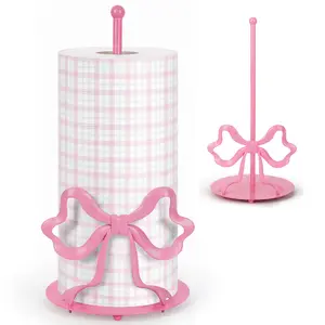 Bow Paper Towel Holder, Cute Pink Paper Towel Roll Holder, 3D Decorative Standing Paper Towel Holder for Kitchen Countertops Bathroom, Kitchen Decor Accessories(Round/Pink Bow)