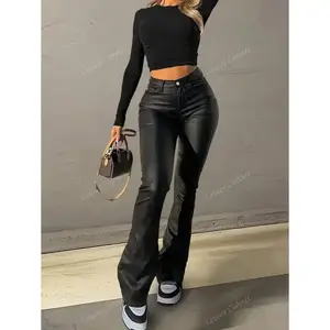 Spring Black American Style Faux Leather Flared Pants, Slimming And Leg-Lengthening, Fashionable For Young Women. Can be used with raincoat