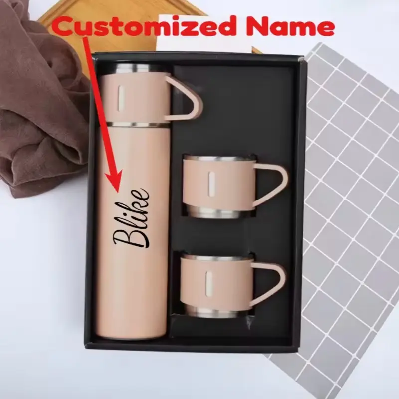 Personalized Laser Engraved Thermos Bottle 500ml Stainless Steel Insulated Lifting Ear & Elastic Lid Custom Name Water Bottle with Matching Mugs