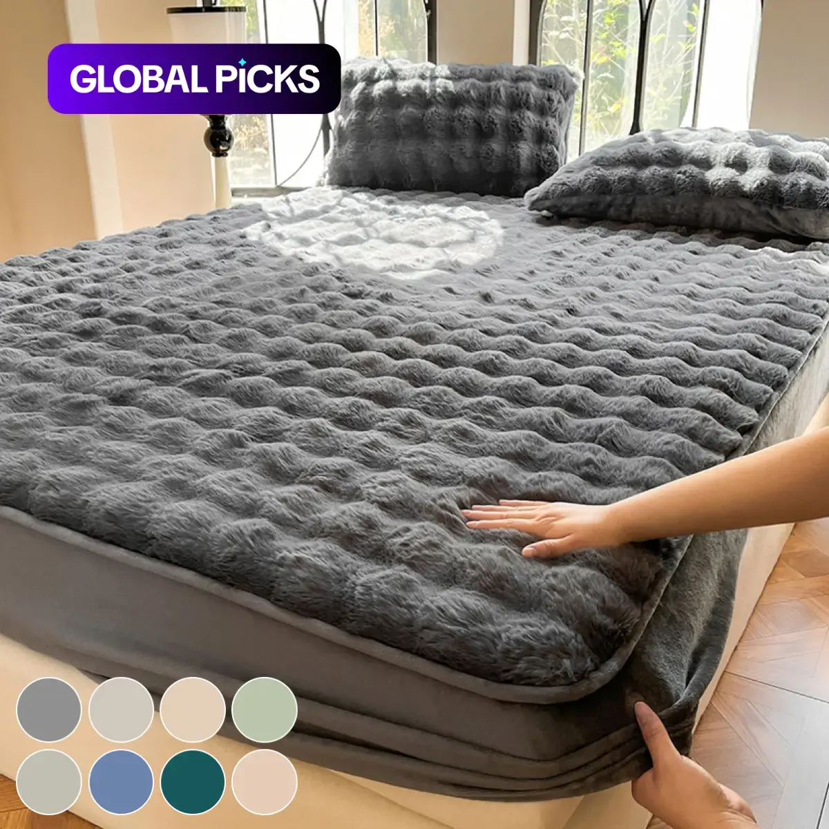 Faux Rabbit Fur Fitted Sheet Set, Ultra-Soft Warm Breathable Soft Comfy Bedding 3-Piece Set with 1 Fitted Sheet and 1 or 2 Pillowcases for Bedroom or Dorm #GLOBAL PICKS
