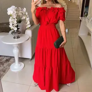 Women's off-the-shoulder ruffled puff-sleeve maxi dress, an elegant layered summer maxi dress with an elastic waistband