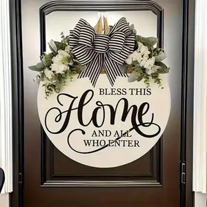 Floral Door Hanger with 'bless This Home' Welcome Sign, Rustic Burlap Bow and Artificial Flowers, All-Season Front Door Decor, Year-Round Door Knocker