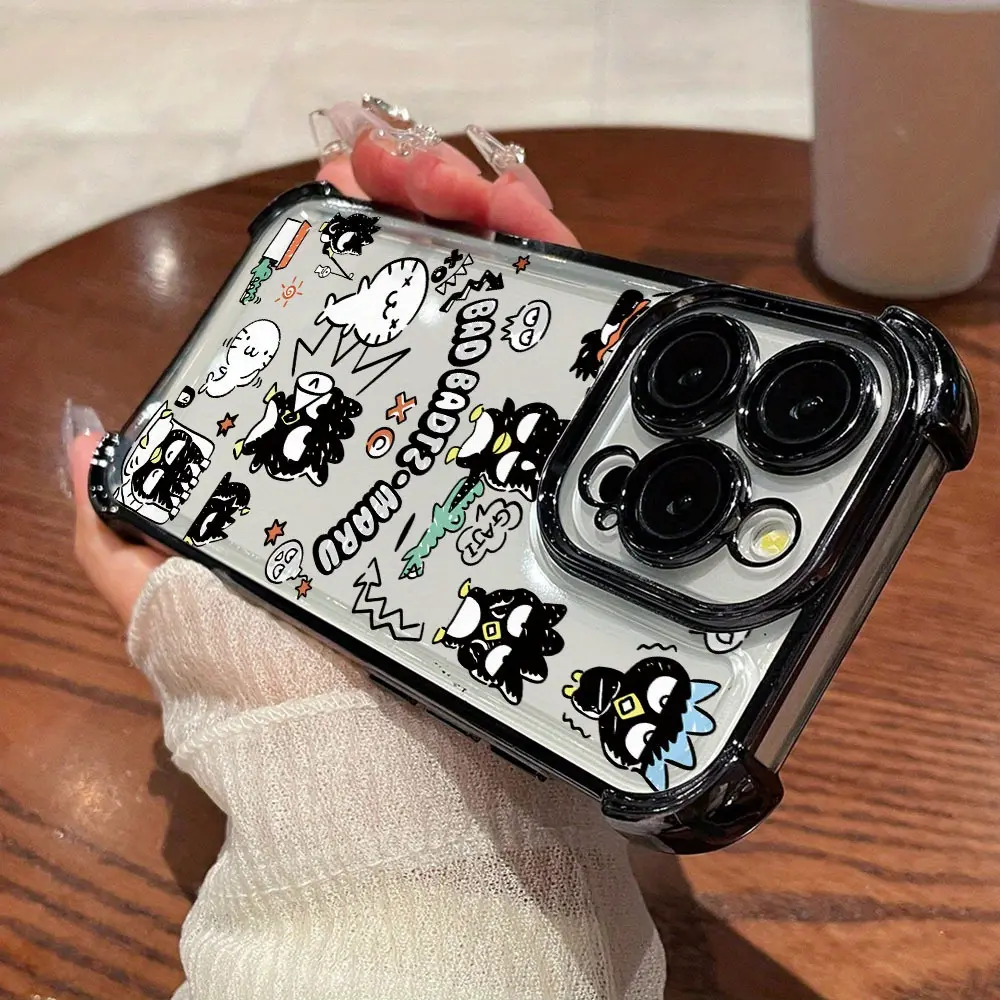 Sanrio BADBADTZ-MARU Trendy Fun Pattern Phone Case Suitable for iPhone 16 16e 15 14 13 12 Mini 11 Pro Max X XR XSMAX 8 7 e Plus Black Frame Anti-Drop Transparent Back Cover Luxury Creative Premium Protection Case
