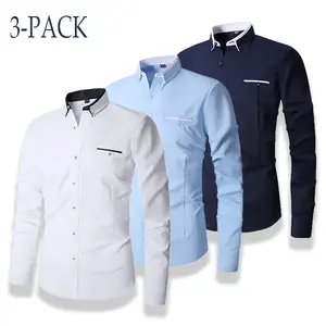 Men’s 3-Pack Long Sleeve Dress Shirts - Menswear Top, Casual Business Shirts with Pocket Detail, Longsleeves Design