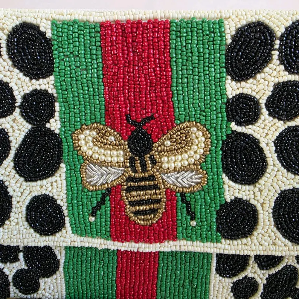 Hand-Beaded Queen Bee Crossbody Clutch - Leopard Spot & Striped Seed Bead Purse - Luxury Boho Evening Bag