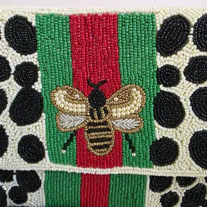 Hand-Beaded Queen Bee Crossbody Clutch - Leopard Spot & Striped Seed Bead Purse - Luxury Boho Evening Bag