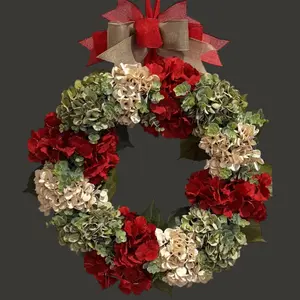 Red Hydrangea Front Door Wreath 21 Inch Christmas Decor with Elegant Bow & Grapevine Base for Year Round Use