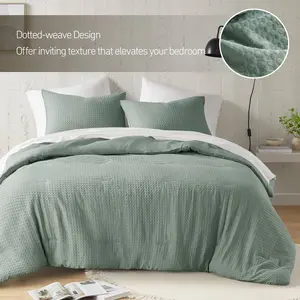 Breathable Woven Waffle Knit Comforter Sets, Modern Farmhouse Boho Comforter & Sham, All Season Microfiber Bed Set,Sage Green,King/Cal King
