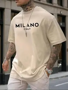 Unisex Men's Letter Print Drop Shoulder Short Sleeve Tee, Regular Fit Casual Round Neck T-shirt for Summer, Menswear for Daily Wear