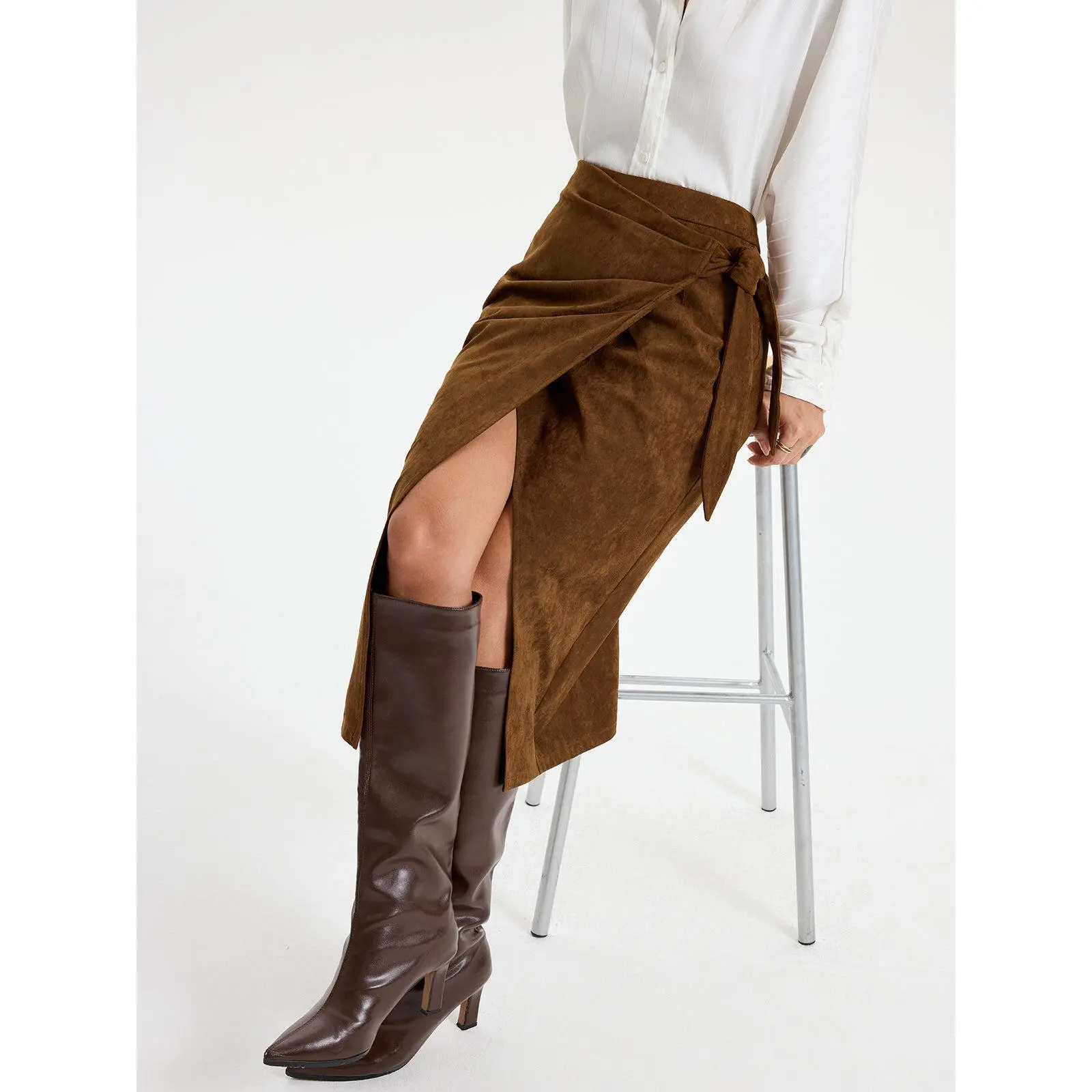 Tie Knot Suede Effect Midi Skirt