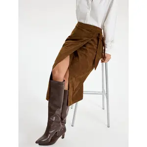 Tie Knot Suede Effect Midi Skirt