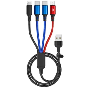 4 ports Multifunctional 3A 4FT Charging Cable, 4 in 1 Multi Ports Nylon Braided Universal iPhone Charger Cord with Lightning/Type C/Micro Connectors Charge Multiple Devices at Once, for Cell Phones Tablets