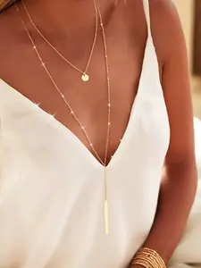 Women's Long 14k Gold Plated Necklace, Elegant Y-Shape Zipper Design, Simple Jewelry Trendy Gift for Women, All Seasons