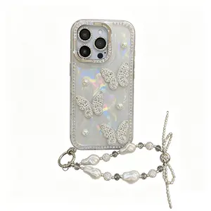(Case & Nova.) Bling Rhinestone Clear Phone Case with Pearl Butterfly Shell Texture, Compatible with iPhone 17 Pro Max, 16, 15, 14, 13, 12, Shockproof Soft Protective Cover for Women anti theft beautiful