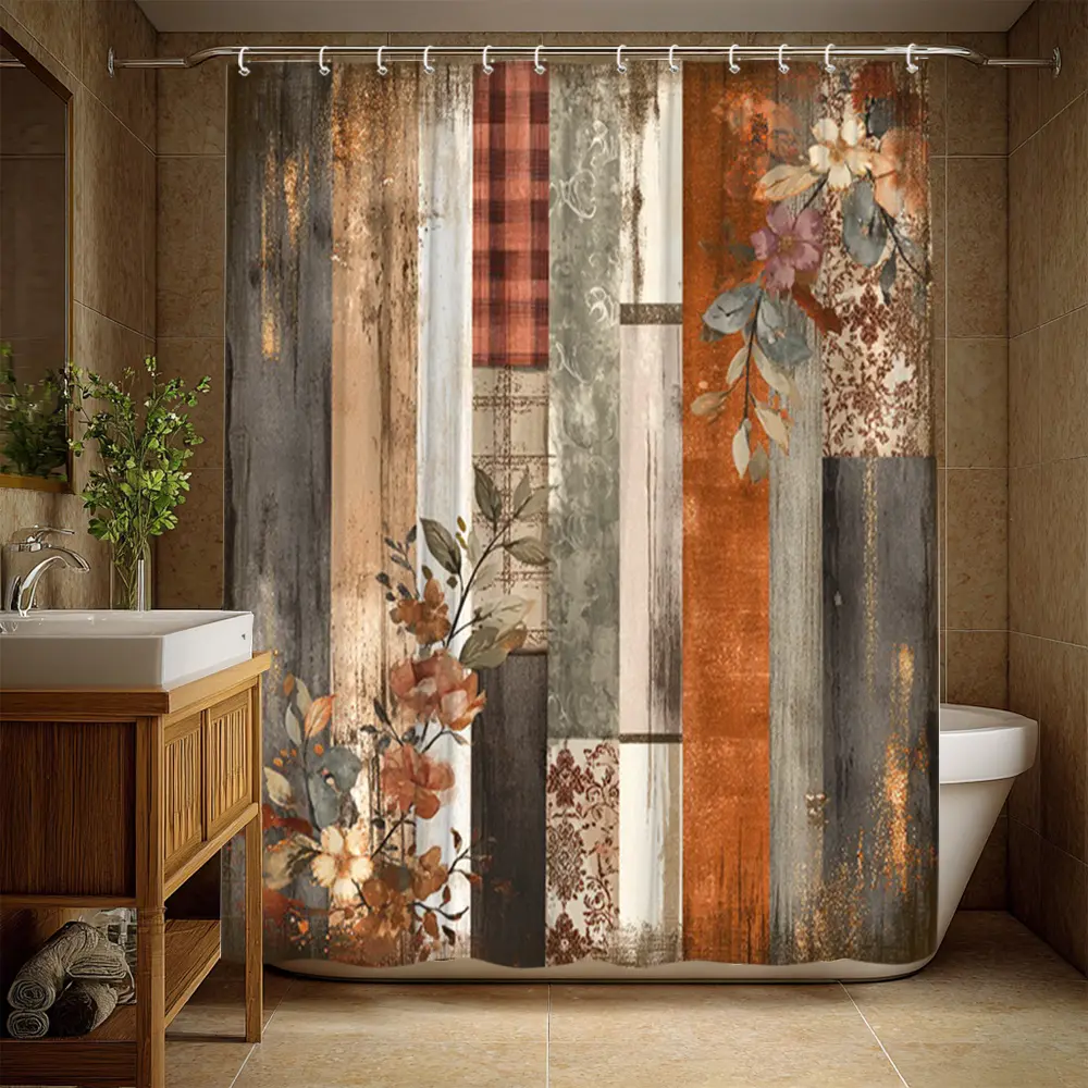 Rustic Farmhouse Shower Curtain with Patchwork Plaid, Mosaic & Floral Design in Earthy Brown/Beige/Gray/White, Bathroom Decor, Hooks Included, Country Style Bath Curtain for Cottage