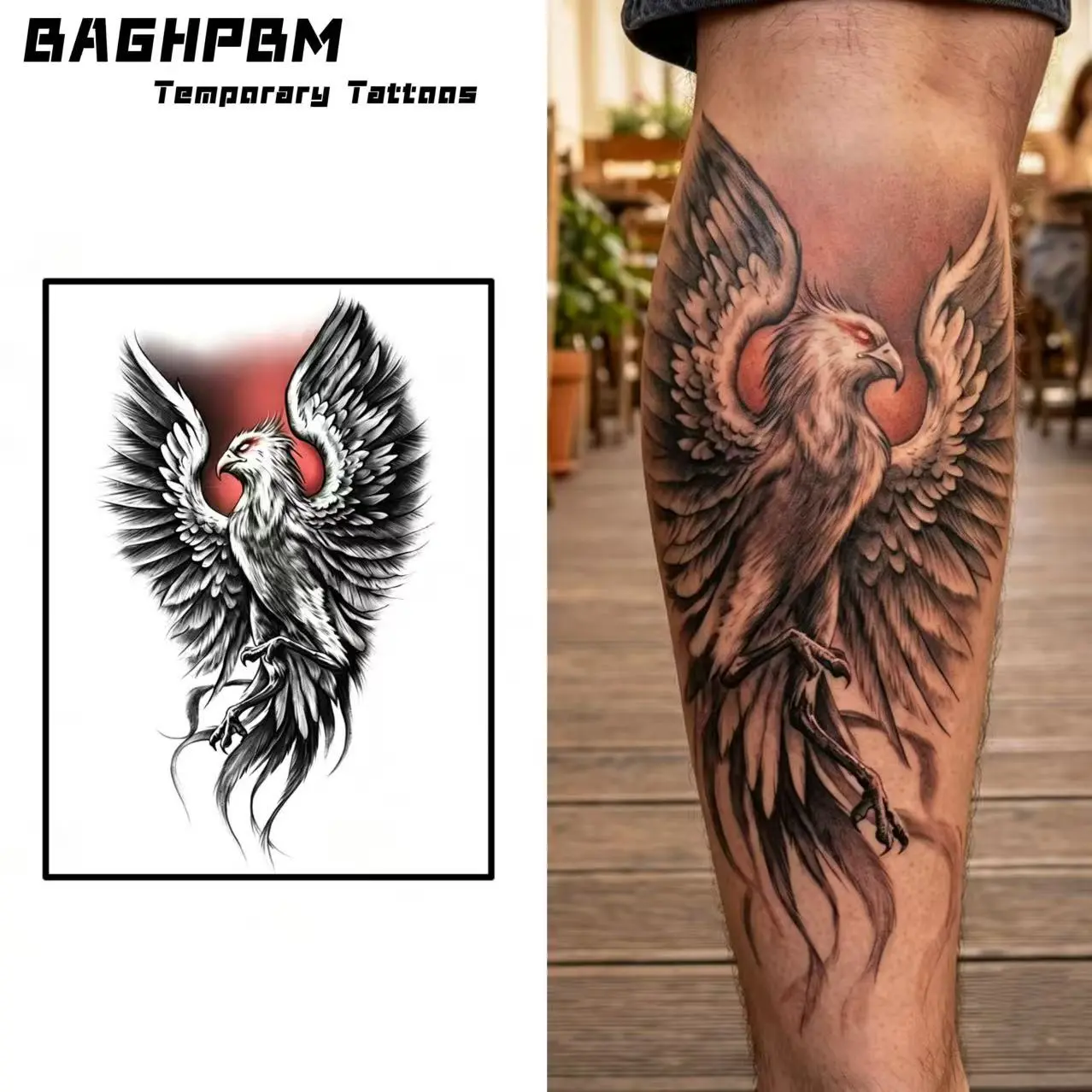 BAGHPBM Realistic Temporary Tattoos, Pre-Packaged 2-Piece Dramatic Dark-Style Custom Design Glue-Free Tattoos for Men’s Arms and Legs (Eagle and Soaring Eagle), Dramatic Temporary Tattoos