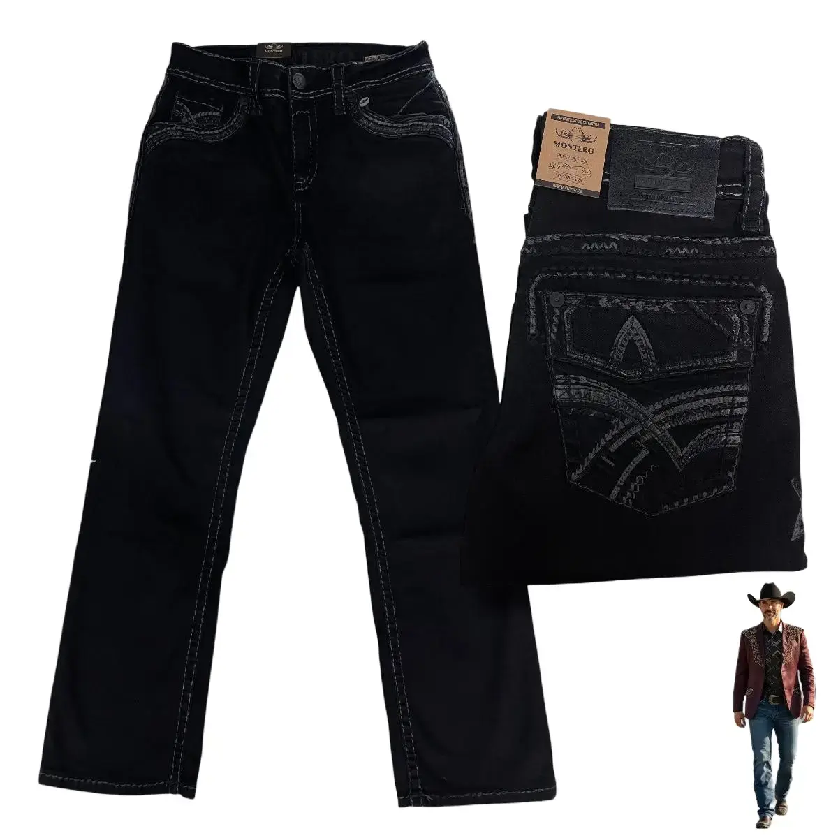 PANTALON MODERNO BOOT MT4657 MEZCLILLA STRECH BLACK Y BORDADOS CAFE Comfortable & Flexible Modern Boot Design for Casual Wear