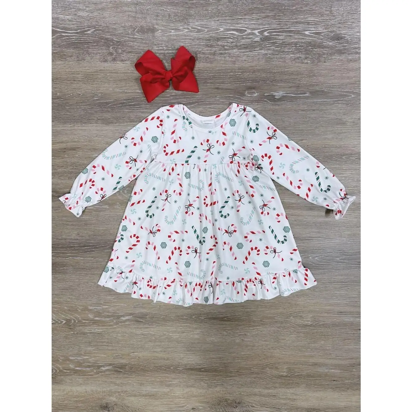 Hooked on Christmas Girls Ruffle Trim Candy Cane Nightgown or Dress