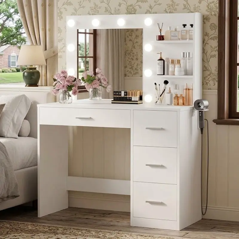 Furmax Modern Engineered Wood Makeup Vanity Table, LED Lighted Multi-Light Mirror Vanity with 3-Color Hollywood Mirror, Power Outlet, 4 Drawers, Led Vanity Table