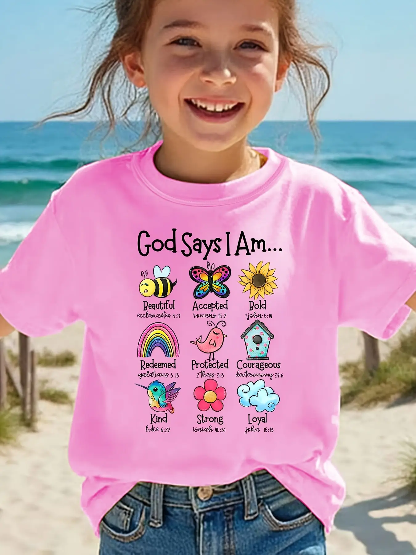 Kids "God Says I Am..." Religious Affirmations Graphic T-Shirt, Short Sleeve Crew Neck Faith-Based Tee Crew Neck Tshirt Cherry Core Tee