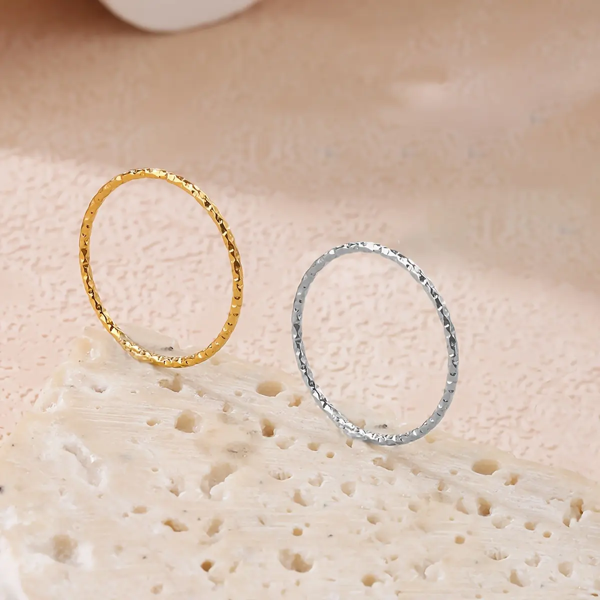 Women's Hammered Stacking Ring with Diamond Grid Texture, 1mm Thin Minimalist Band for Daily Casual Wear