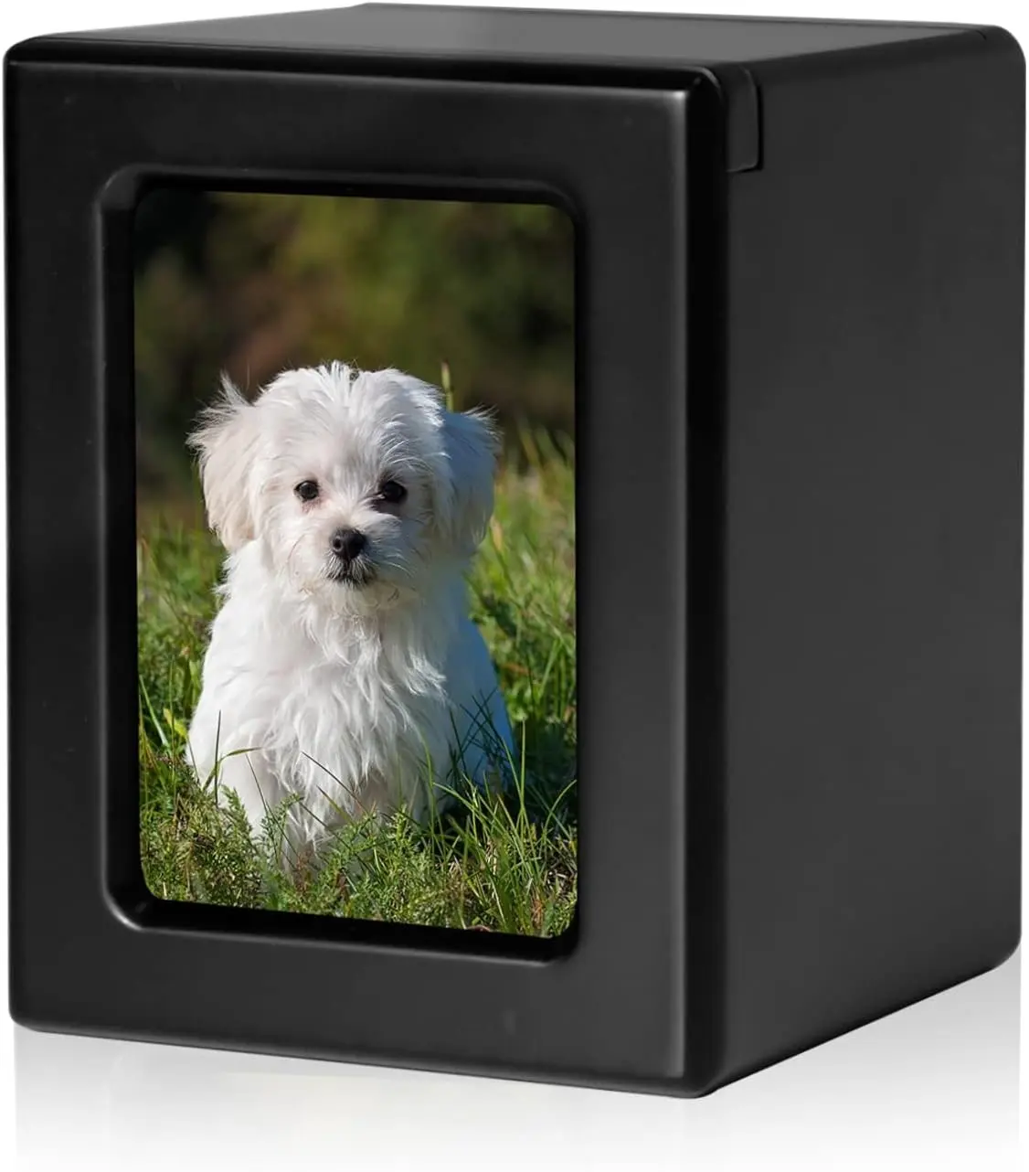 Wooden Dog Ashes Urn, Black, Solid, Small (0-25lbs), Photo Frame, Polished Finish