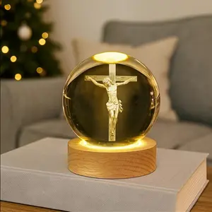 Suffering Cross, Jesus Crystal Ball Statue – Wooden Base, Luminous Religious Glass Ball, Home Decor Gift Ornament Lamp