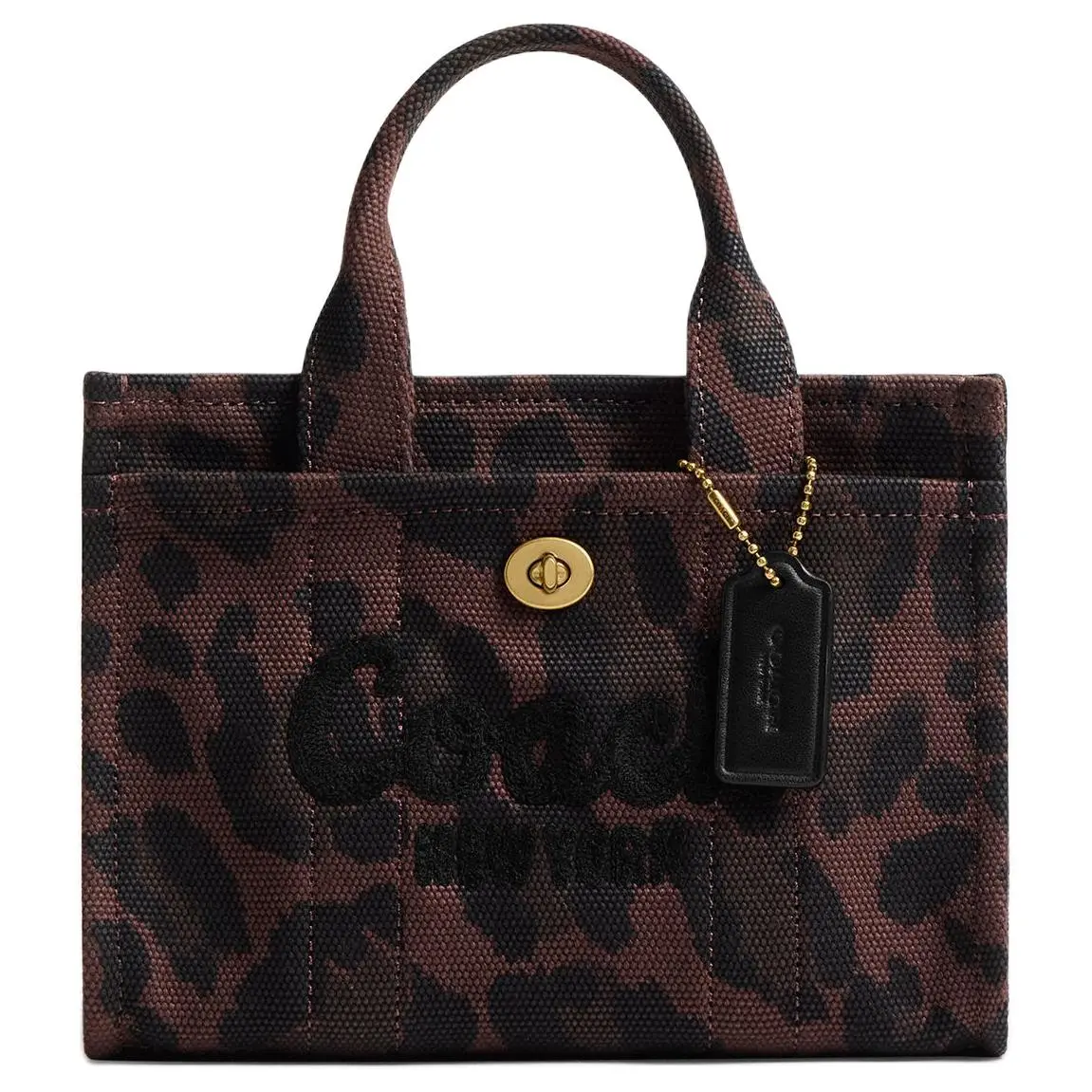 COACH Cargo 20 Leopard Print Tote Bag for Women, Small Fabric Shoulder Handbag in Dark Brown