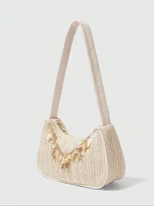 Women's Floral Crochet Beach Bag with Accessories, Fashionable Casual Satchel Shoulder Bag for Summer Use, Plain Pattern Design
