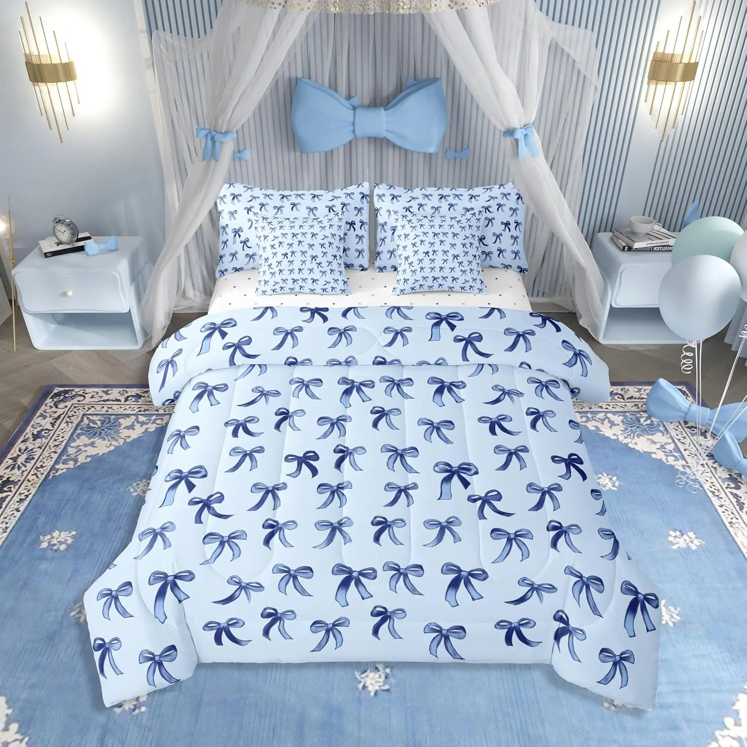 Feelyou 7-Piece Kawaii Bow Microfiber Bed Set - Multi-Size, Baby Blue Ribbon Sheets, Cute Cartoon Dreamy Print, Breathable Soft Blanket, Bedding Linens Collection