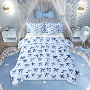 Bowknot Bedding Set,7 Piece Bed in a Bag,Kawaii Simple Bows Bed Set,Cute Cartoon Dreamy Printed Kids Bedding Bed Sets,Baby Blue Ribbon Bed Sheets Set
