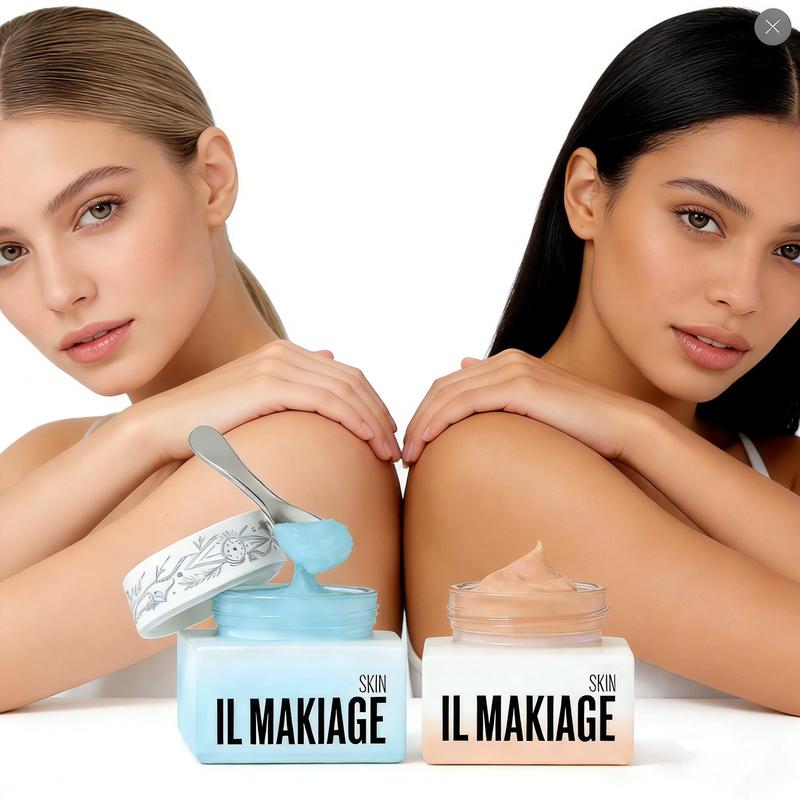 Il Makiage Reviews: Skin Moisturizer Cream Collection Two women with glowing skin posing with Il Makiage Skin cream jars – light blue and beige moisturizers with cream textures – featured in Il Makiage Reviews for skincare results and hydration.