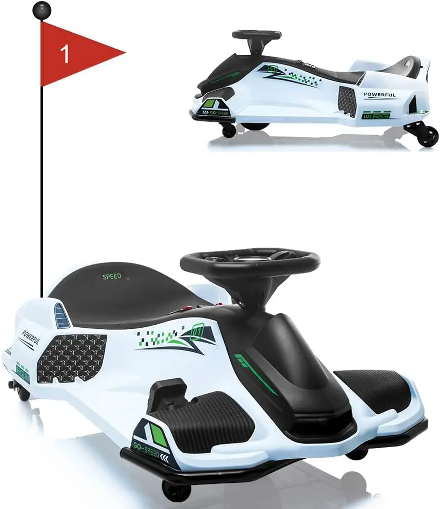 12V Ride on Drift Car,Kids Electric Drifting Go-Kart High/Low Variable Speed with 5 Wheels,Built-in Music,Front+Tail LED Light,Low-Power Alarm(White)