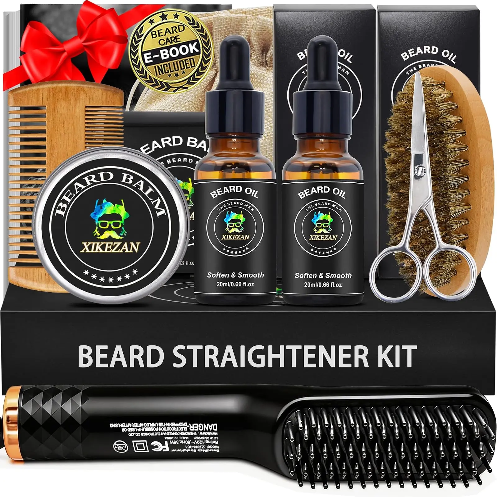 Beard Straightener Grooming Kit for Men, 2 Pack Beard Oil, Sandalwood Balm, Detangling Comb, Precision Scissor, Boar Bristle Brush, All-in-1 Beard Care Styling Set, Suitable for All Beard Types, Ideal Birthday Christmas Gifts for Him Dad Husband Boyfriend