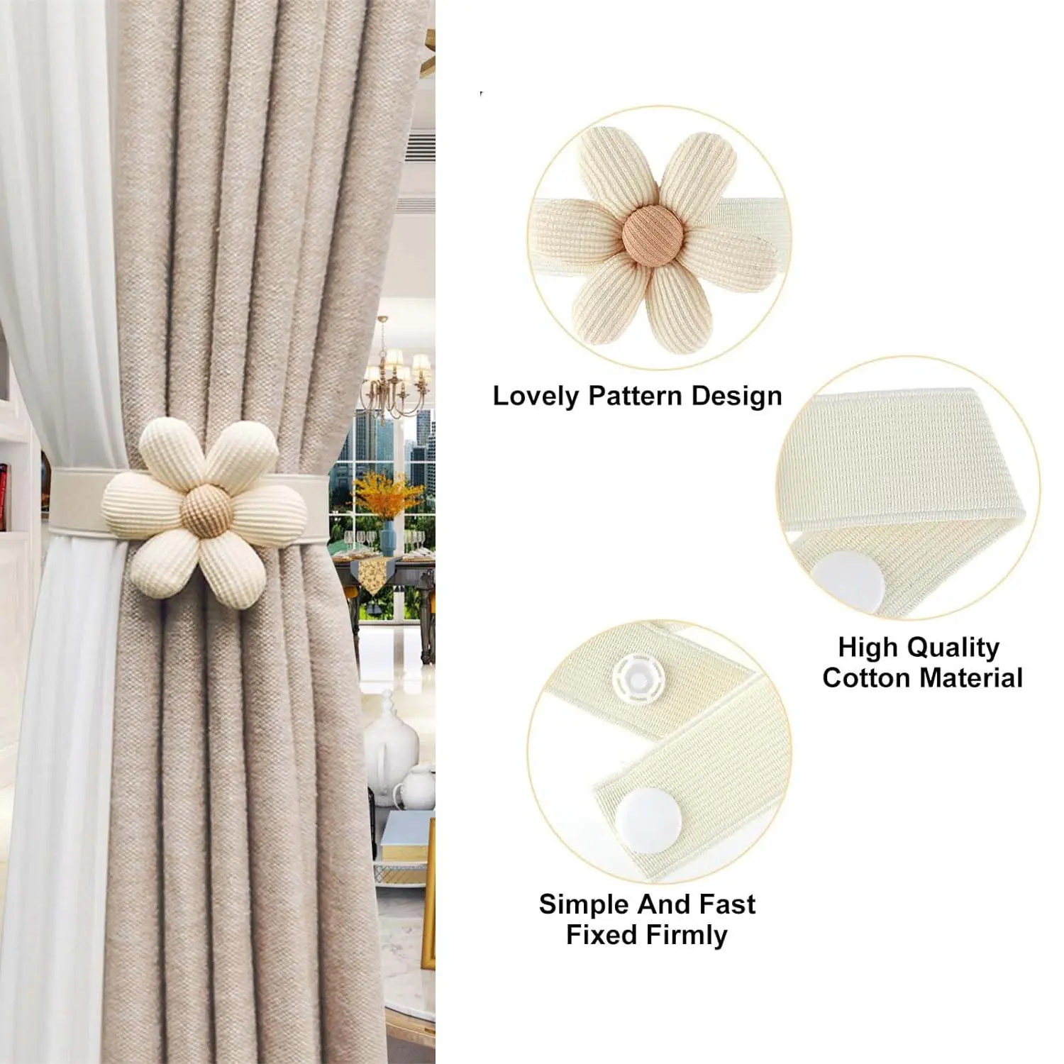 2/4pcs Elegant Floral Daisy Curtain Tiebacks with Adjustable Elastic Bands for Holding Curtains and Drapes Neatly Open, Cute Adorable Perfect for Home or Office Décor