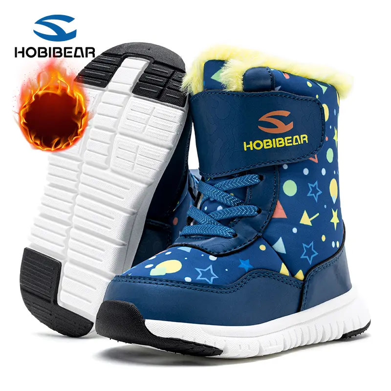 HOBIBEAR Kids Snow Boots, Boys Girls Mid‑Calf Winter Cotton Boots, Warm Fleece‑Lined, Waterproof Hook‑and‑Loop Outdoor Winter Shoes