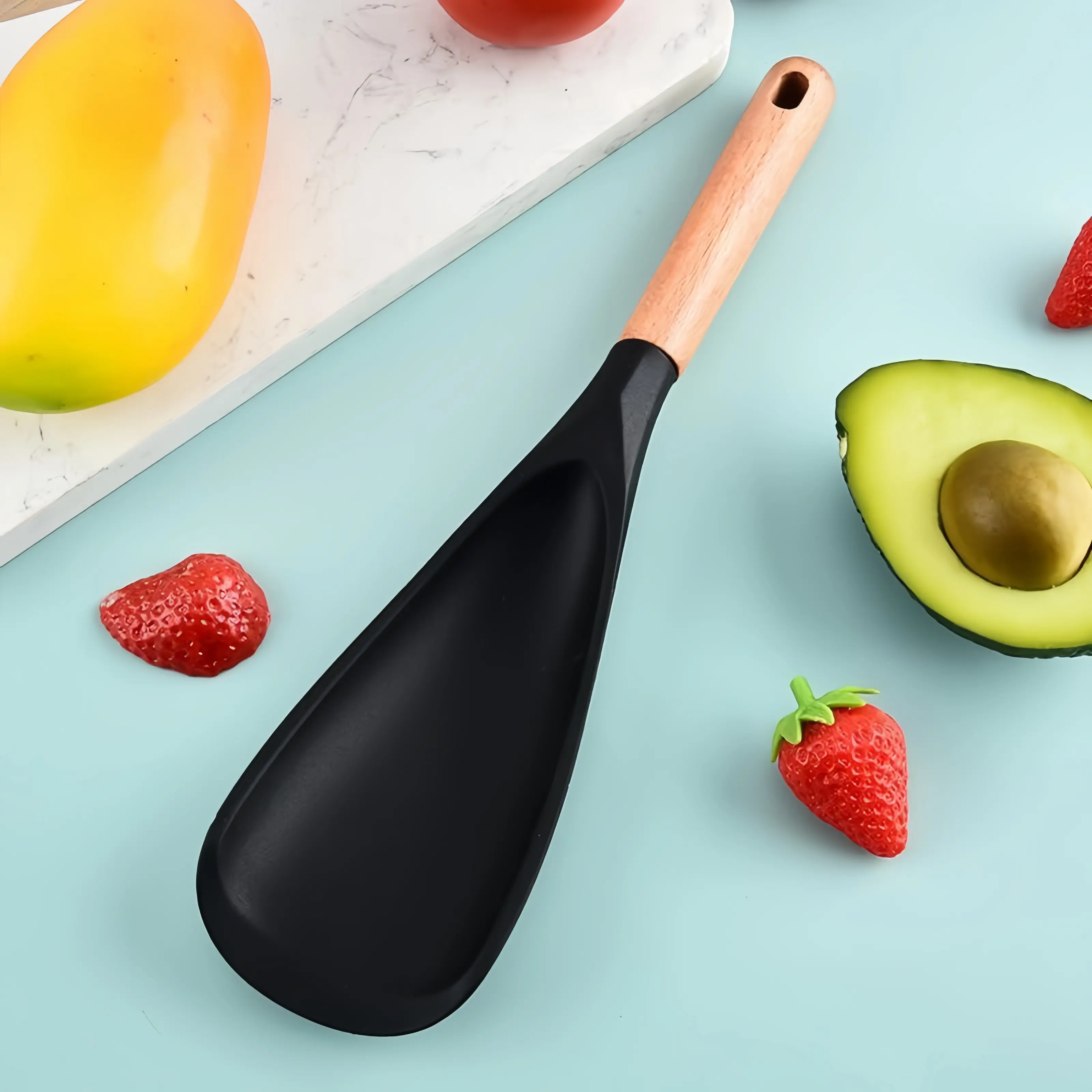 Matte Silicone Flat Kitchen Spoon - 1 Pcs BPA-Free 11.22 in Solid Cooking & Rice Tool with Ergonomic Wooden Handle, 130g Durable Utensil for All Seasons Daily Stirring, Scooping, Simple, 11.22 Inches