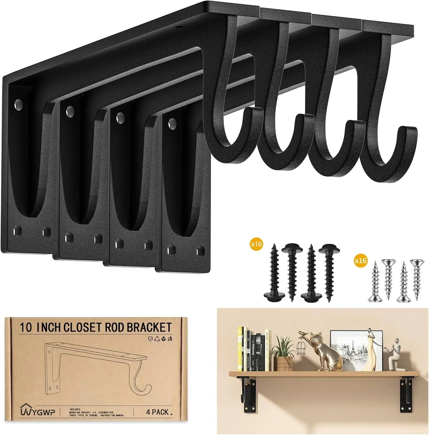 10x5.6inch Heavy Duty Closet Rod Bracket Support 400 lbs | 4pack Carbon Steel Wall Mounted L-shape Shelf Brackets with Rod Holder for DIY Closet Storage