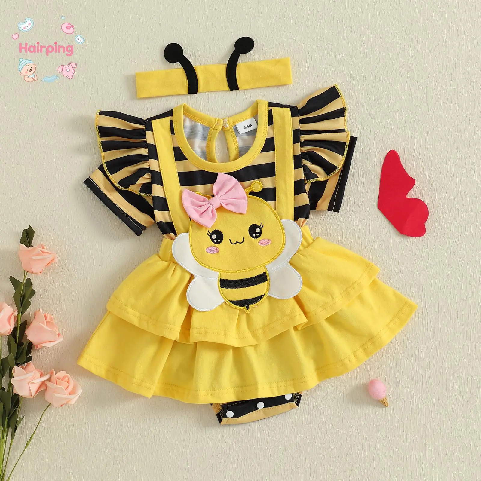 Infant Newborn Girl A-Line Cut Romper Dress - Short-Sleeve Striped Bee Design with Headband, Casual Baby Girls Dresses, Baby Clothing for Gifts, Bee Motif