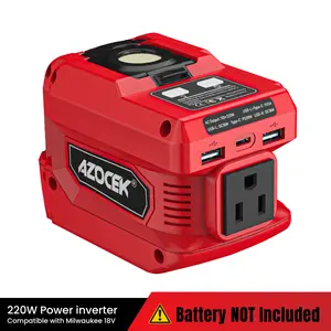 Azocek 220W Power Inverter Compatible with Milwaukee 18V Battery Portable DC 18V to AC 110V Power Station with 1 AC Outlet, 2 USB QC Ports, 1 Type-C Fast Charging & 400LM LED Work Light 【Battery NOT Included】