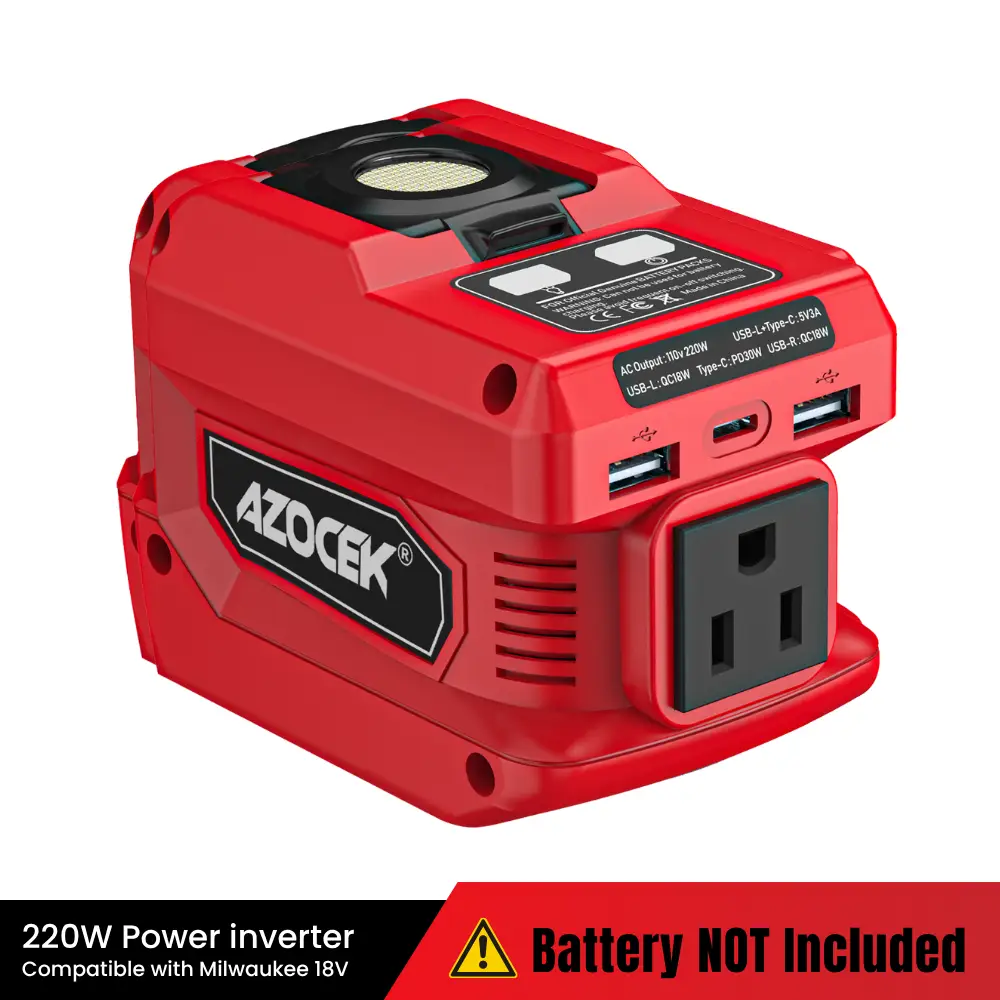 Azocek 220W Power Inverter Compatible with Milwaukee 18V Battery Portable DC 18V to AC 110V Power Station with 1 AC Outlet, 2 USB QC Ports, 1 Type-C F