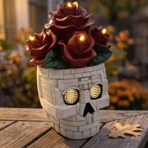 Solar Skull Rose Light Outdoor, Gothic Brick Texture Skull Planter with LED Lights, Waterproof Solar Powered Garden Decor for Halloween, Day of the Dead, Patio, Yard, Lawn, Gothic Decor Gift