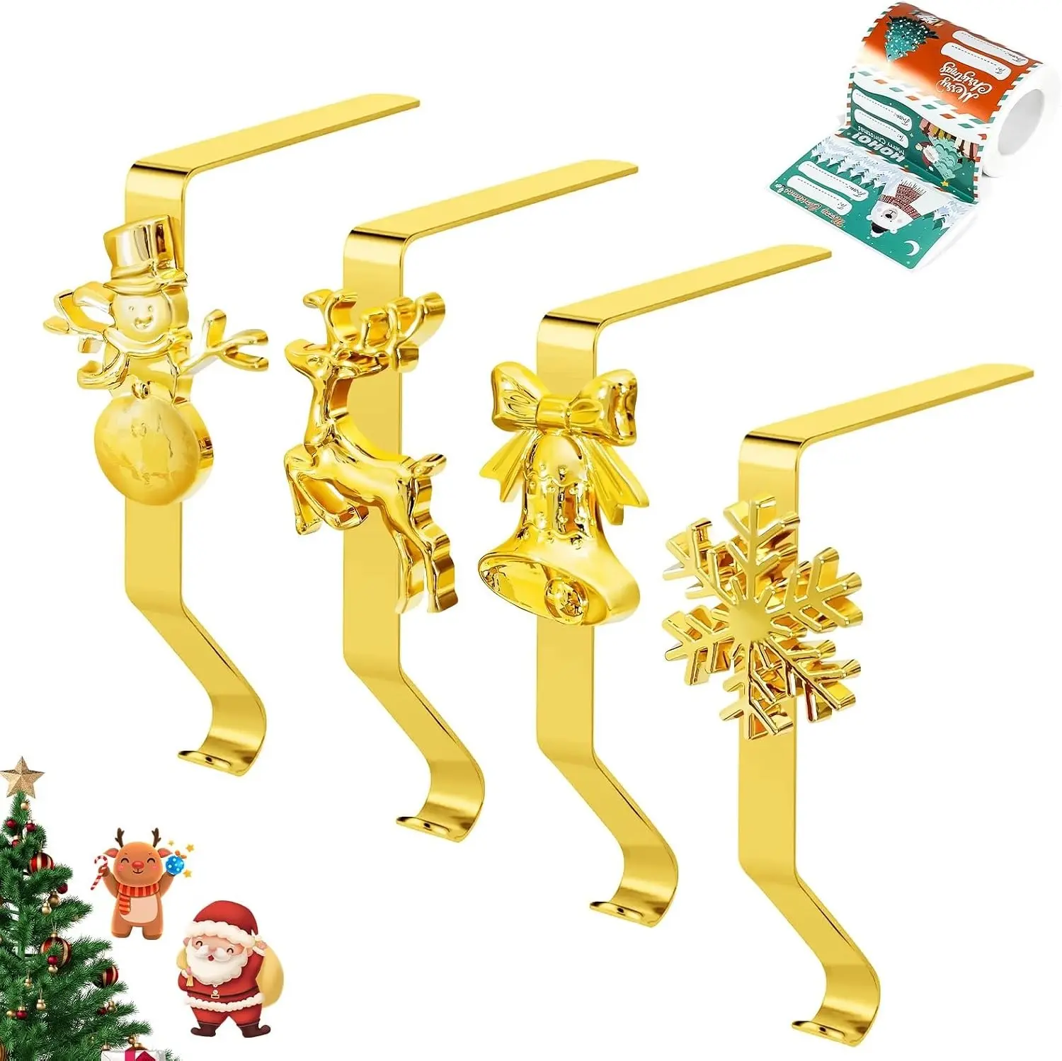 Christmas Stocking Holders for Mantle Reusable No-Damage Hooks with Fireplace Grip Stand Xmas Decoration Set for Hanging Stockings on Shelves Mantel Clips for Holiday Party Home Decor Gold