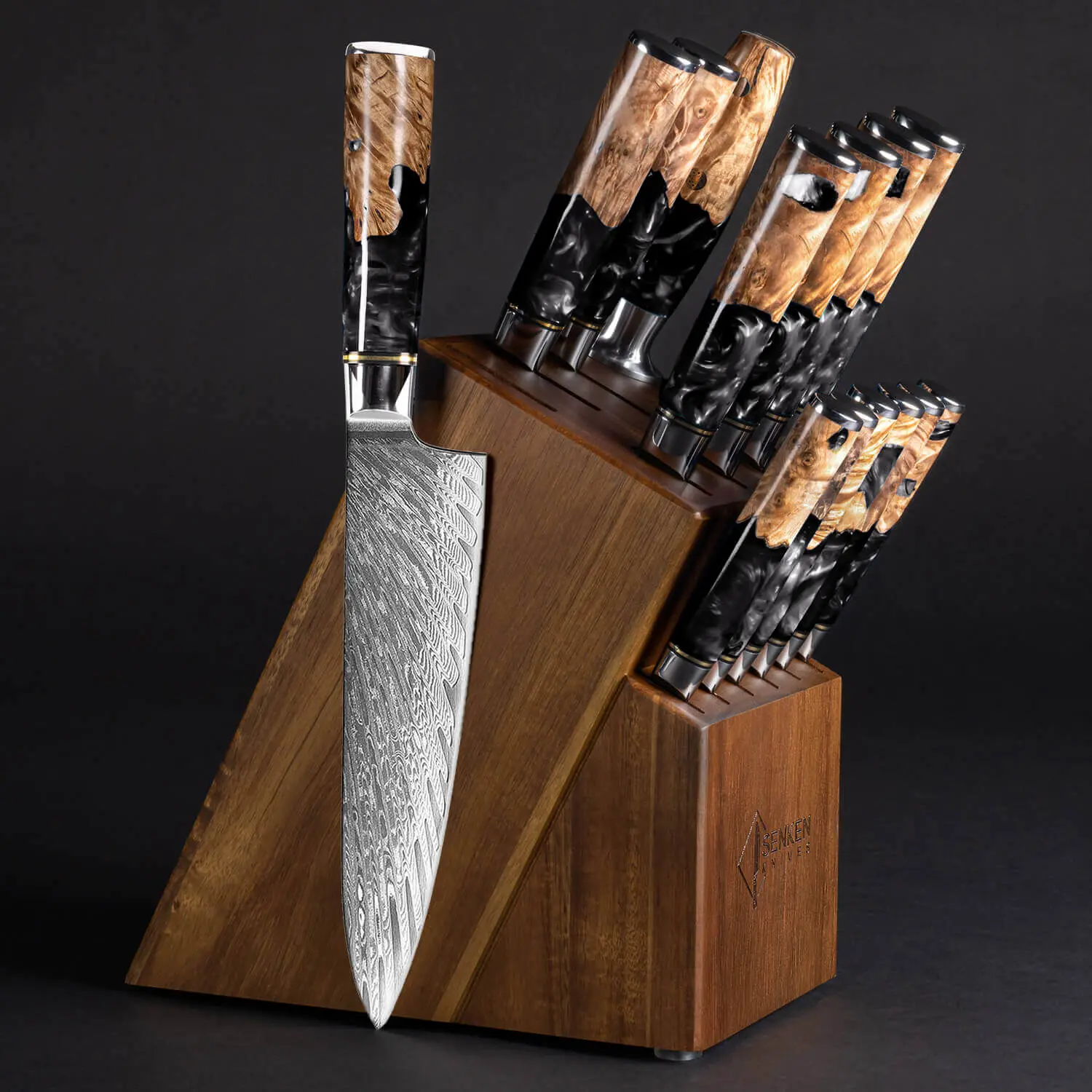 15-Piece Damascus Kitchen Knife Block Set with Acacia Wood Block - Black Tsunami Collection - 67-Layer Japanese VG10 Damascus Kitchen Knives, Complete Collection - Senken Knives