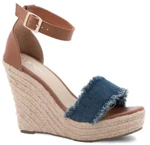 Frayed Denim Wedge Platform Heels with Ankle Strap