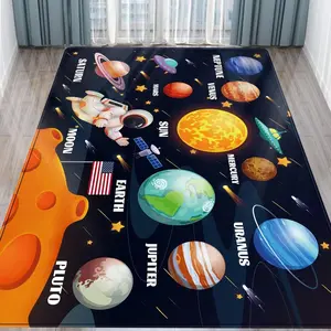 Kids Educational Solar System Flannel Area Rug - Cartoon Planets & Astronaut Print Soft Mat for Playroom & Nursery, Non-Slip Space Learning Rug#SolarSystemEducationalRug #CartoonPlanetMat #KidsSpaceDecor #AstronautPrintCarpet #NonSlipFlannelRug