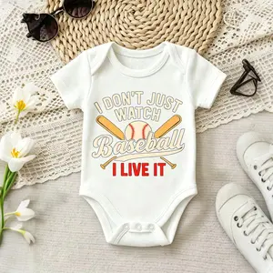 Baseball Bat And Ball Print Boys Girls Short Sleeve Baby Bodysuit Unisex Snap Closure Soft Breathable Easy Diaper Change Ideal For Daily Wear
