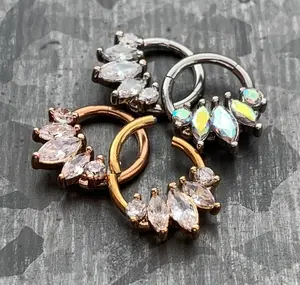 1 Piece of Stunning Five Marquise CZ Gem Hinged Septum Ring - 16g - 8mm Internal Diameter!