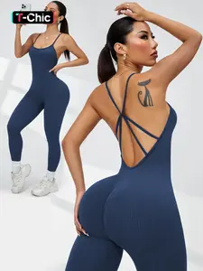 High Waist Butt Lifting Yoga Jumpsuit, Back Cross Cut-Out Design, High Stretch Skin-Friendly Fabric, Soft Material, Fashionable Gym, Sporty Comfy Jumpsuit