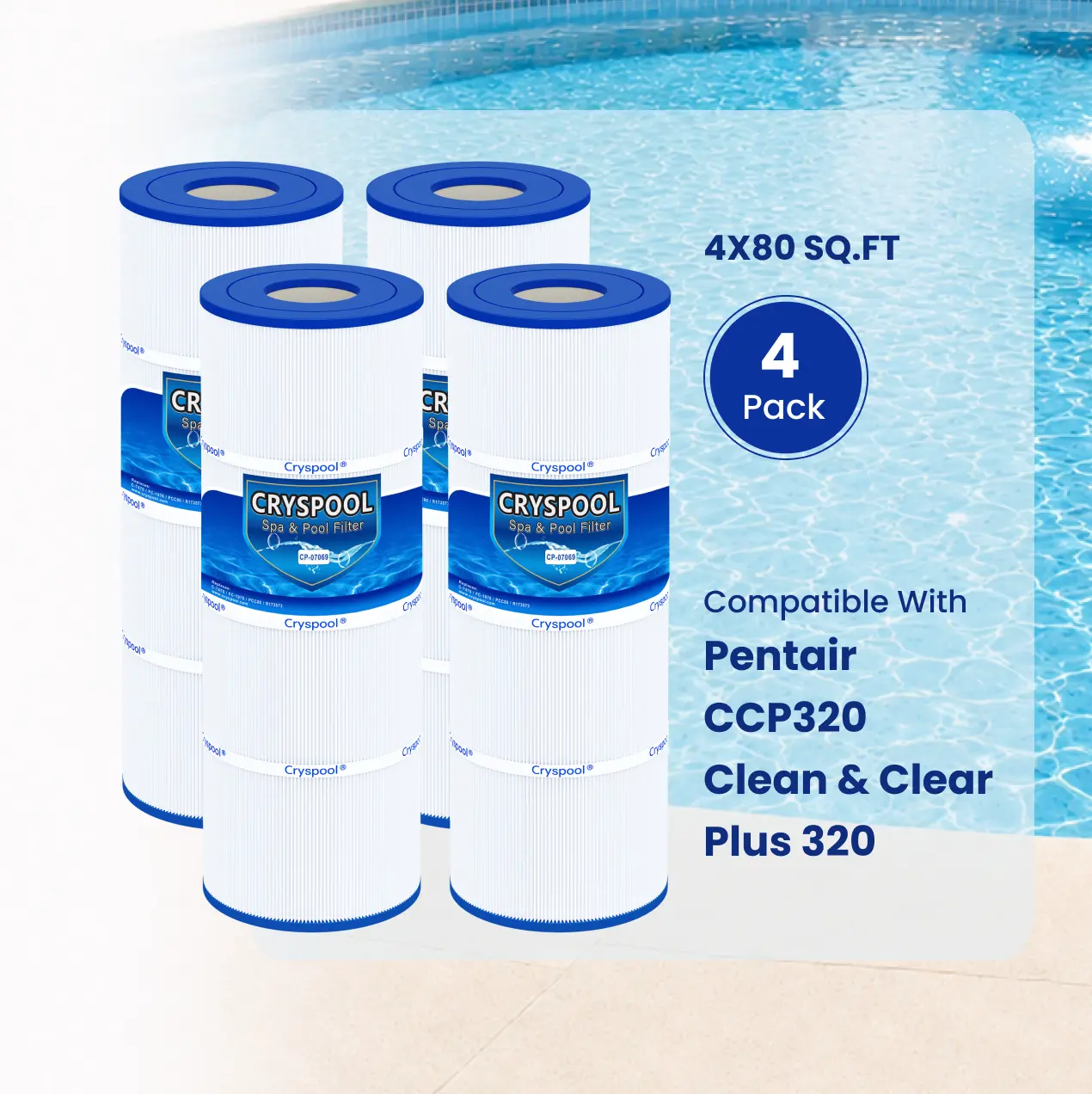 CCP320 | Compatible with Clean & Clear Plus 320, CCP320, Replace Pentair R173573, 817-0081, Pleatco PCC80-PAK4, Unicel C-7470, Filbur FC-1976, Cryspool 07069 Pool Filter Cartridges, 4×80 Sq. Ft, 4 Pack